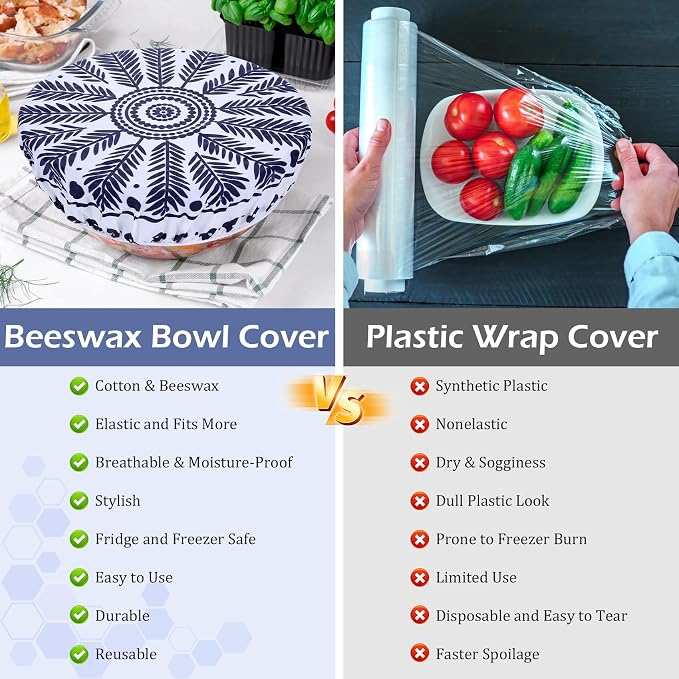 5-Size Reusable Beeswax Bowl Covers for Bread Proofing, Cotton Cloth Flexible Beeswax Wraps for Food Storage(Blue Lily)