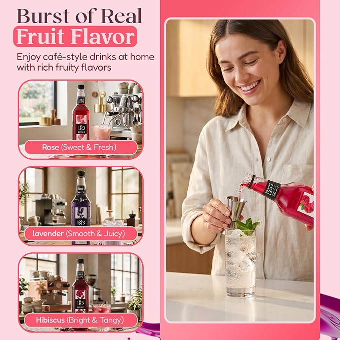 1883 Lavender, Rose, Hibiscus Syrups with Pumps (Floral Flavors) for Coffee & Drinks – 1 Liter Plastic Bottles (Pack of 3)
