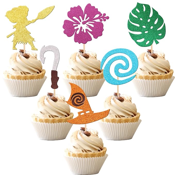 24 PCS Moana Inspired Cupcake Toppers Assembled Glitter Palm Leaf Flower Moana Cupcake Picks for Tropical Hawaiian Luau Theme Baby Shower Birthday Party Cake Decorations Supplies