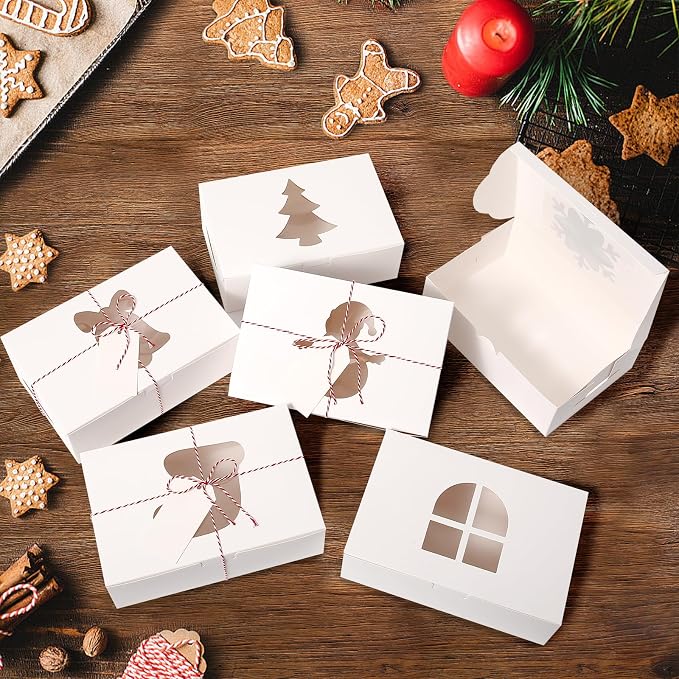 BEAVOING 24 PCS Christmas Cookie Boxes, 9x6x3 Inches Bakery Boxes with Window Pastry Treat Boxes for Chocolate Strawberries, Cupcakes, Muffins, Dessert Donuts Gift-Givingand Party（White）