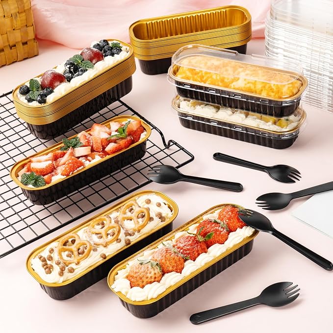 FNIU 30Pcs Mini Loaf Pans with Lids, Aluminum Foil Baking Pans, Rectangle Mini Cake Pans, Brownie Baking Cups for Wedding Birthday Party (Black Gold)