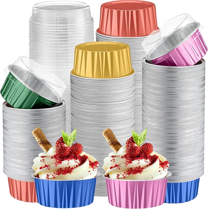 200 Pack Aluminum Foil Cupcake Liners with Lids, 5 oz Round Baking Cup, Disposable Ramekin Container for Graduation Wedding Independence Day Party(Multicolor,Plain)