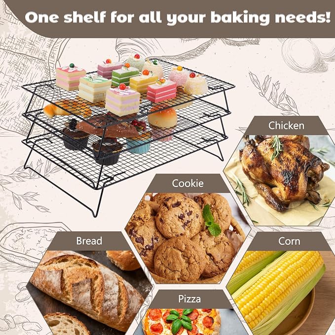 3-Tier Stackable Wire Cooling Rack with Legs, High-quality Carbon Steel, 17" x 11" Cooling Rack for Cooking and Baking, 100 Pcs 6in Baking Paper, Nonstick, for Cookie, Pizza, Bread, Barbecue
