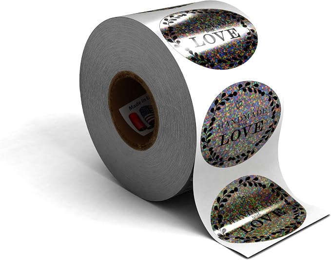 Kenco 1.5" Inch Handmade with Love Stickers, Made in The USA! for Envelopes, Boxes, Packaging and More - 500 Labels Per Roll (2 Pack 1,000 Stickers, Holo)
