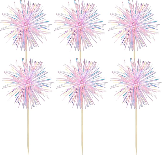 Gyufise 30Pcs Foil Firework Cupcake Toppers Sparkle Tinsel Cake Toppers Tinsel Drink Cake Decoration Cocktail Picks for Birthday Wedding Graduation Party Supplies Laser Pink