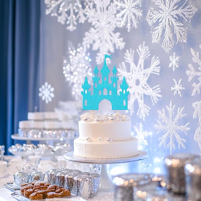 1 PCS Castle Cake Topper Glitter Princess Cake Topper Castle Theme Birthday Party Decoration Princess Happy Birthday Cake Decoration for Baby Shower Girls Princess Birthday Party Supplies Blue