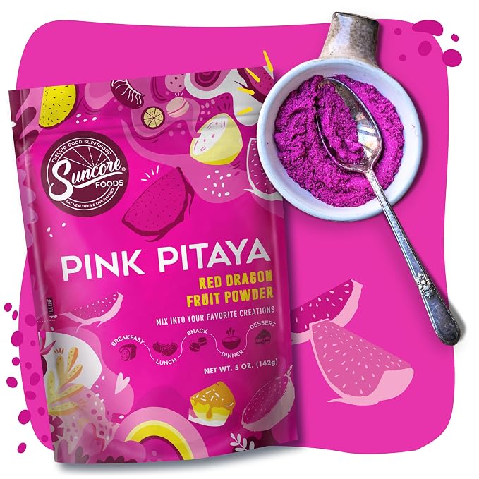 Suncore Foods Pink Pitaya Powder, Natural Pink Food Coloring, 5oz, 1-Pack | Non-GMO, Natural Pink Food Coloring Powder from Dragon Fruit, For Baking, Smoothies, Desserts, Gluten-Free, Vegan