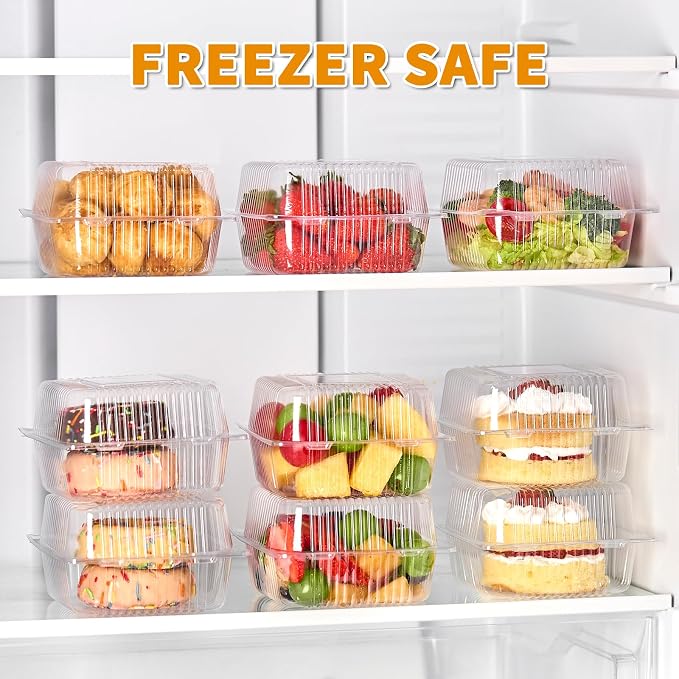 Zezzxu 50 Pack Clear Plastic Take Out Food Containers, Square Cake Slice Containers with Hinged Lids, Disposable To Go Boxes for Cookies, Desserts, Fruits, Salads, Sandwiches