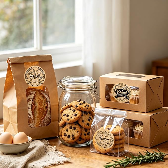 240PCS Baked with Love Stickers, 1.6 Inch Round Self-Adhesive Kraft Baking Labels, Vintage Packaging Stickers for Homemade Bread Cookies Goodie Bags Gift Wrapping,6 Design