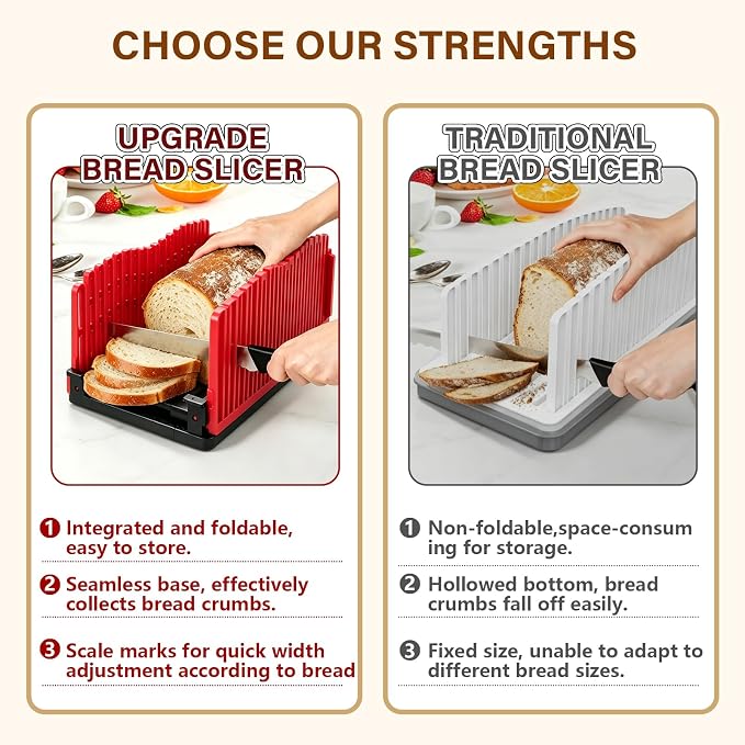 Bread Slicer for Homemade Bread - 8-10 Inch Knife Compatible, Foldable Compact Bread Cutter with Adjustable Width, Non-Slip Pads & Seamless Crumb Tray, Bread Slicing Guide for Sourdough/Bagels/Cakes