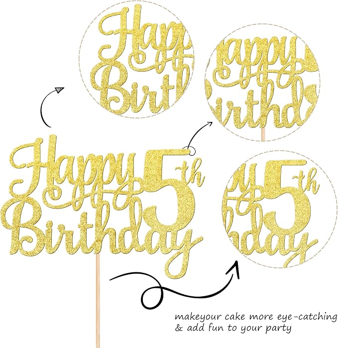 1 PCS Happy 5th Birthday Cake Topper - Gold Glitter Cheers to 5 Years - Fabulous Cake Decoration for 5th Birthday Theme Party