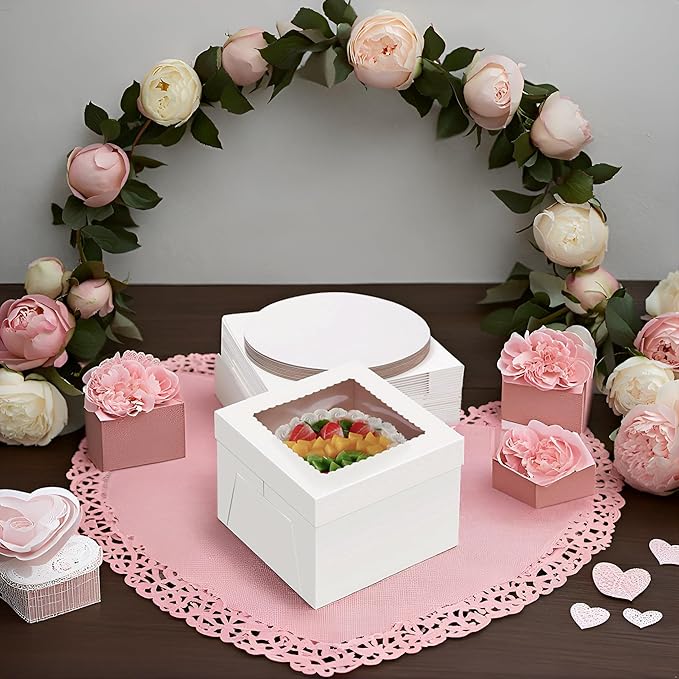 20Pack 8 Inch Cake Boxes With Cake Boards (10 boxes & 10 boards), 8X8X8Inch White Bakery Boxes With Windown For Cajas Pasteles, Cookie, Pastries, Pie, Bakers, Wedding, Birthday, Fathers day