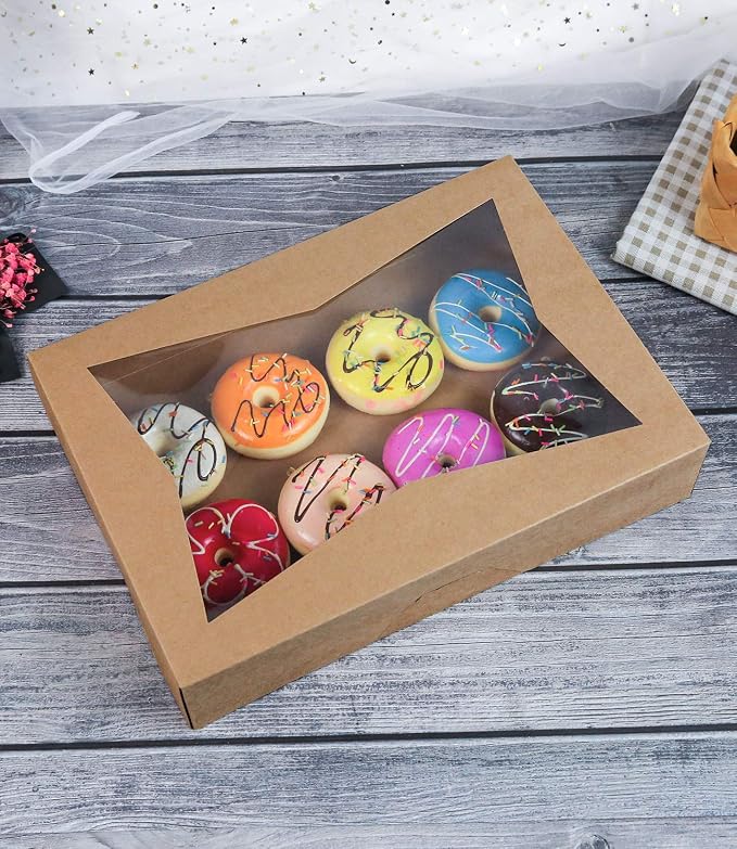 ONE MORE 14 x10 x 3inch Brown Paperboard Lock Corner Window Bakery Cookie Boxes, Large Container with PVC Windows for Pie and Cookie Box, Pack of 12