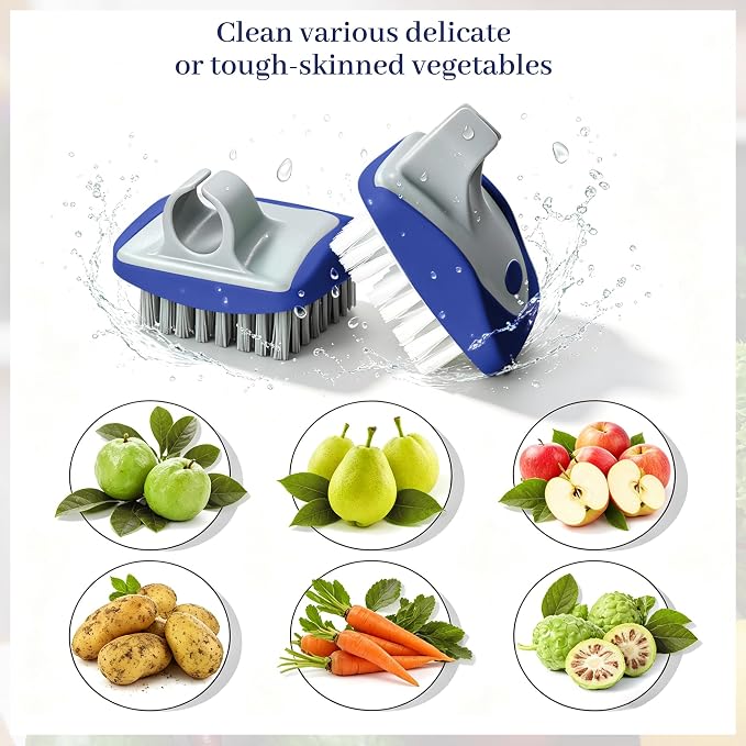 Aodaer 2 Pack Vegetable Brush Potato Scrubber Brush Silicone Hard and Soft Side Fruit Cleaning Tools for Delicate or Tough-Skinned Vegetables, Dark Blue