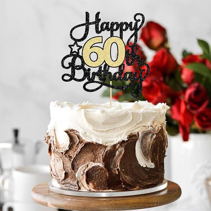 1Pc Happy 60th Birthday Cake Topper Black Gold Glitter Cheers to 60 Years Birthday Cake Pick 60 Fabulous Cake Decoration for Happy 60th Birthday Anniversary Party Cake Decorations Supplies