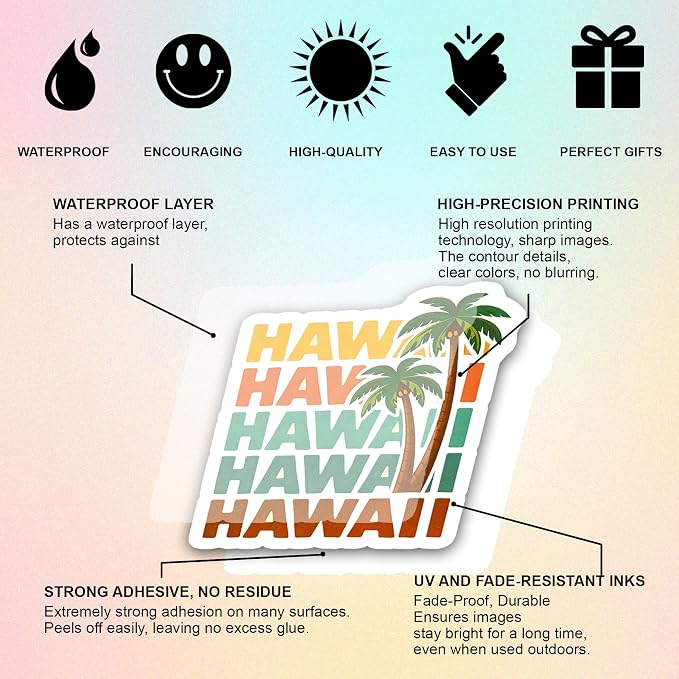 Hawaii Beach Stickers – Waterproof Vinyl Aloha Tropical Vacation Decals for Water Bottles, Laptops, Journaling – Non-Repeating Decals, High-Definition Print Gift for Womens (50PCS)