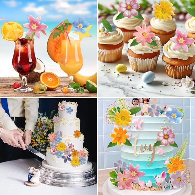 Morofme 60pcs Edible Flower Cake Decorations Wafer Paper Flowers Hawaiian Flower Leaves Cake Decor Daisy Cupcake Topper Mixed Size for Colourful Tropical Themed Baby Shower Birthday Party Supplies