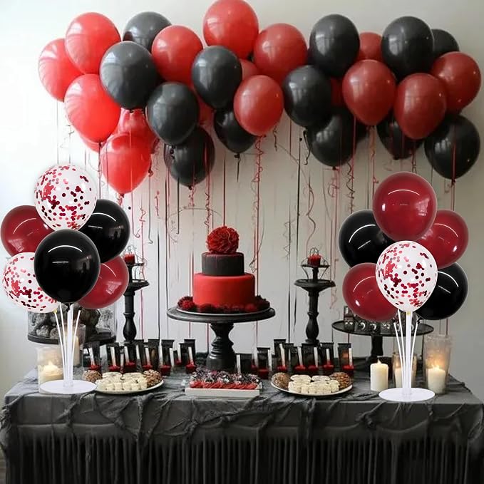 TONIFUL 4 Set Wine Red and Black Balloon Centerpieces for Table,Balloon Stand Kit for Black Red Party Decor 2026 Graduation,Wedding,Chinese New Year,Retirement,Halloween,Birthday Party Decorations