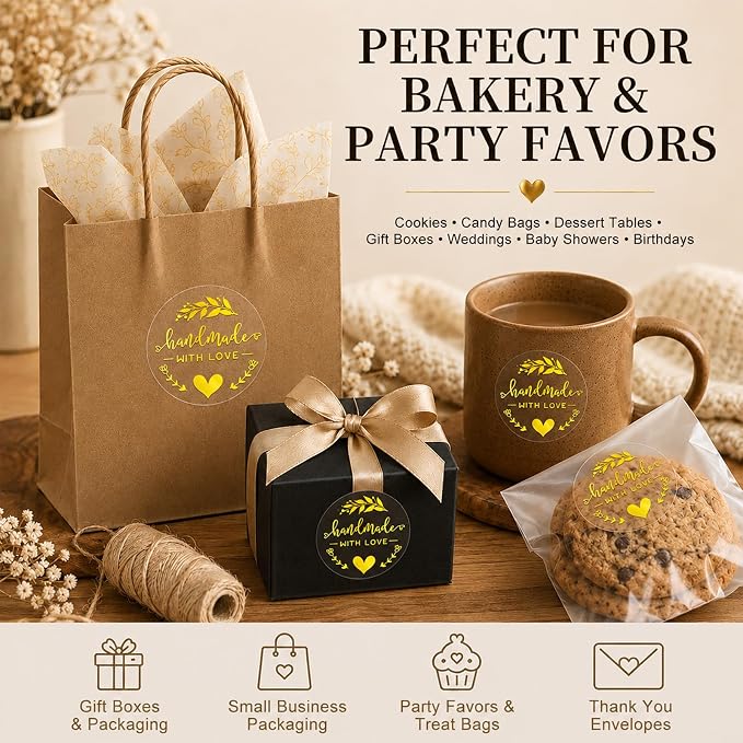100 Handmade with Love Stickers, Clear Gold Foil Labels for Small Business Packaging, Bakery Boxes, Gift Bags, Cookies, Handmade Crafts & Customer Orders, 1.6 Inch Round
