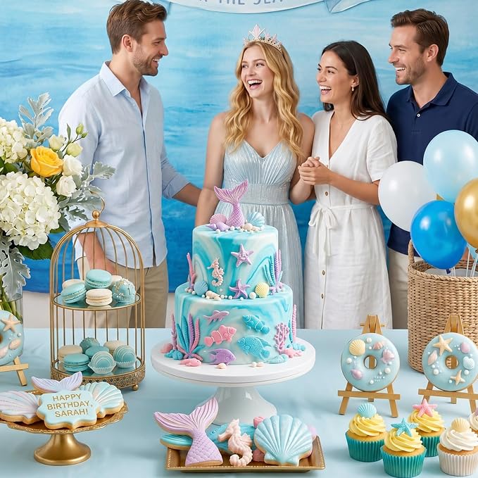 MEMOVAN Mermaid Theme Cake Fondant Mold 4PCS Marine Silicone Mold | Seahorse Seashell Star Fish Mermaid Tail Cupcake Mold for Chocolate Candy Cake Decoration Polymer Clay Gum Paste Craft