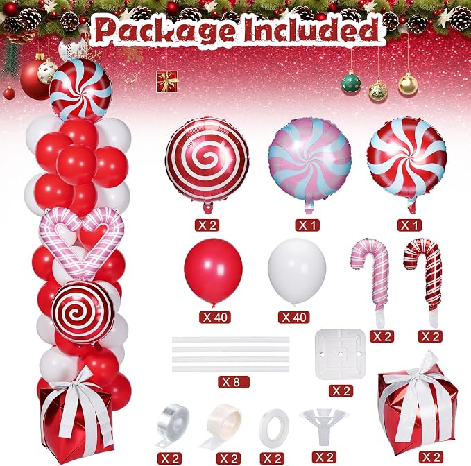 Skylety 2 Sets Balloon Column Stand Kit Balloon Tower Stand with Bases for Birthday Wedding Anniversary Graduation Party Baby Shower Decorations Supplies(Christmas,Red White Pink)