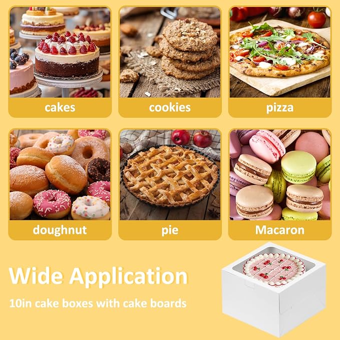 Moretoes 2 Pack Cake Boxes 10 Inch with Boards, 10x10x5 Inches White Cake Carrier Bakery Containers, Disposable Bakery Boxes for Valentine's Day Mother's Day for Cake Cupcake Cookie Pie Pastry