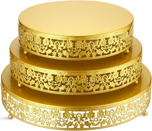 Wenqik 3 Pcs 12/14/16 Inch Gold Cake Stand Set, Metal Round Cake Dessert Display Holder Stand Plates for Wedding Birthday Baby Shower Housewarming Party Celebration
