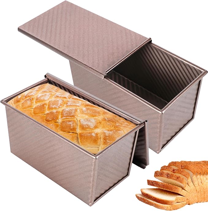 2pack Pullman Bread Pans with Lid, 1LB Capacity, Aluminized Steel Bread Loaf Pan, Non-Stick, Easy Release Sandwich Bread Loaf Pan for Baking Homemade Bread