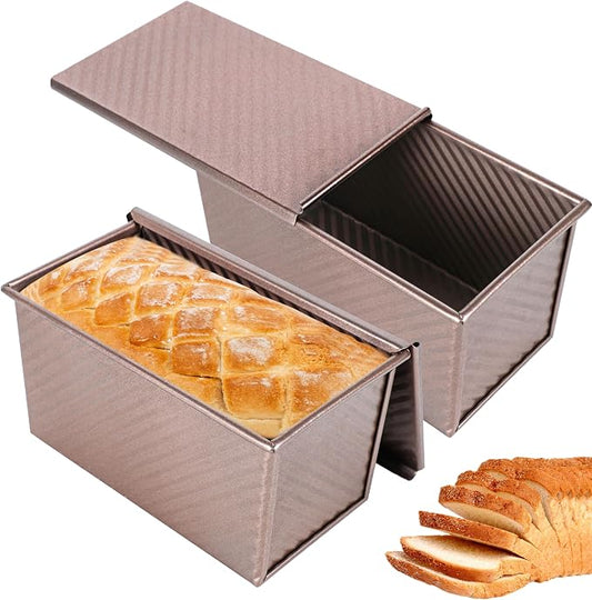 2pack Pullman Bread Pans with Lid, 1LB Capacity, Aluminized Steel Bread Loaf Pan, Non-Stick, Easy Release Sandwich Bread Loaf Pan for Baking Homemade Bread