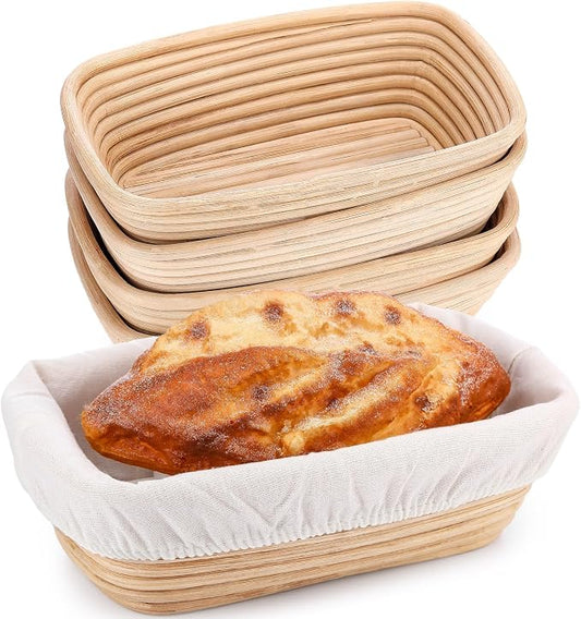 Nuogo 4 Pieces 10 Inch Bread Banneton Proofing Basket Rattan Banneton Dough Proofing Bowls with Liners and Scatters for Home Sourdough Baking (Rectangle)
