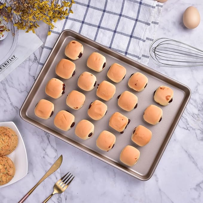 13-Inch Baking Sheet Pan, Non-Stick Carbon Steel Meat Bread Jelly Roll Pizzas Pastries Rimmed Cookie Sheet Pan for Oven Roasting 13" × 9" × 0.8" (Champagne Gold)