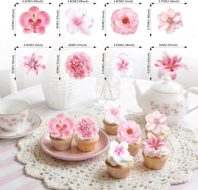 72 PCS Edible Flowers Cupcake Toppers Wafer Paper Flower Birthday Party for Baby Shower Wedding Birthday Party Cake Food Decorations Supplies