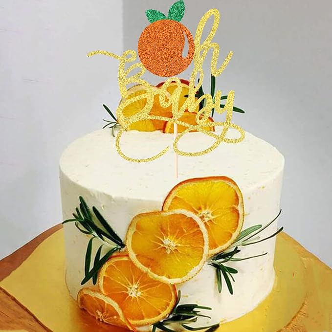 1 PCS Gold Oh Baby Cake Topper with Glitte Orange Little Cutie Cake Pick for Fruit Citrus Theme Gender Reveal Baby Shower Kids Birthday Party Decorations Supplies