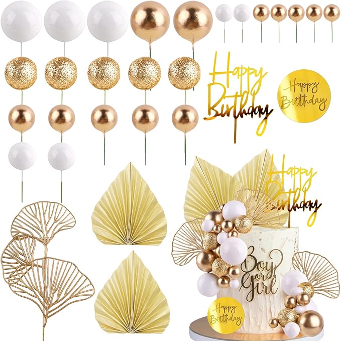 MEMOVAN White Gold Balls Cake Toppers Champagne Rose Cake Decoration with Gold Palm Leaves Boho Birthday Cake Decoration Balloon Cake Insert for Birthday Bohemian Wedding Baby Shower Party