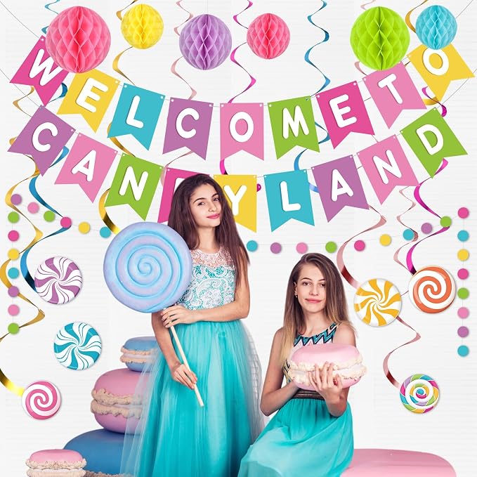 Pasimy Candy Land Party Decoration Welcome to Candy Land Banner with Colorful Honeycomb Balls Candyland Decor Garland Hanging Swirls Set Lollipop Paper Cutouts Dot for Birthday Party Supplies