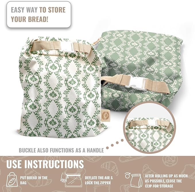 Cozy Bread® Reusable Bread Bag Set for Home Bakers | USA Brand | Charming Bread Designs (Green Ornamental)