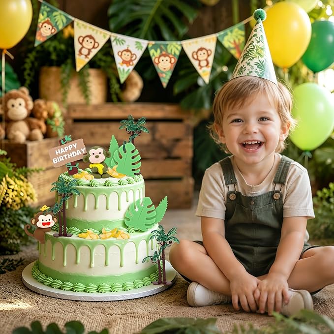 Hooqict 18Pcs Monkey Cake Decorations Set with Mini Banana Coconut Trees Happy Birthday Cake Toppers for Jungle Safari Animal Baby Shower Monkey Themed Birthday Party Decorations Supplies