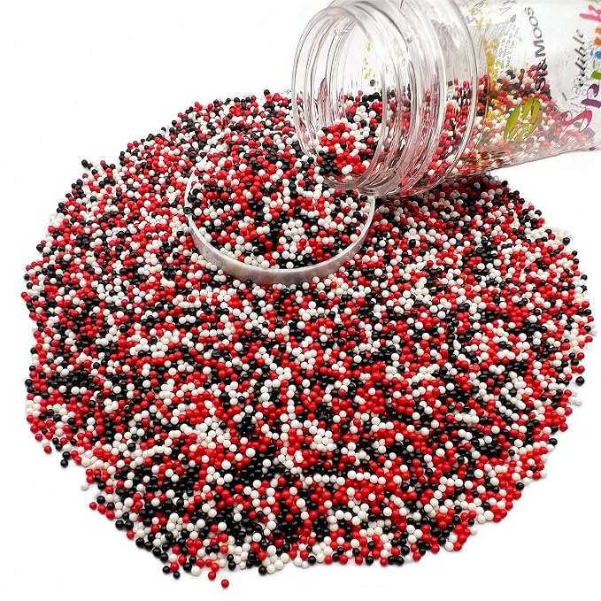 SE Si&Moos Nonpareil Sprinkles, 2mm Red White and Black Mini Edible Pearls Red and Black Sprinkles for Cake Decorating Halloween Cake Decorations Wedding Baby Shower Party Christmas Holiday Supplies 3.5 OZ