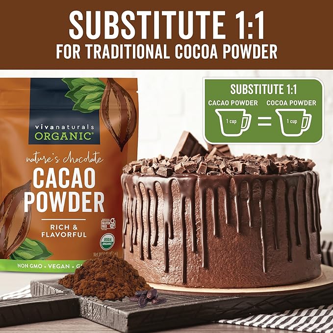 Organic Cacao Powder, Unsweetened, 1 lb (454 g) – Rich Dark Chocolate Flavor, Perfect for Baking, Smoothies & Hot Chocolate – Vegan, Keto, Paleo, Non-GMO & Gluten-Free Cocoa Powder