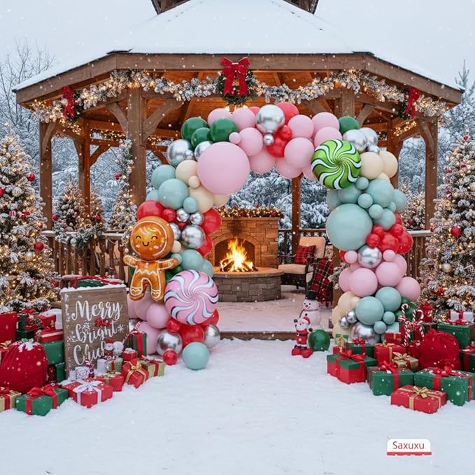 Christmas Balloon Arch Kit, Macaron Pink Red Green Ivory Metallic Silver Candy-Themed Balloons with Gingerbread Style Foil Balloons for Christmas Birthday Party Decorations Baby Shower Backdrop