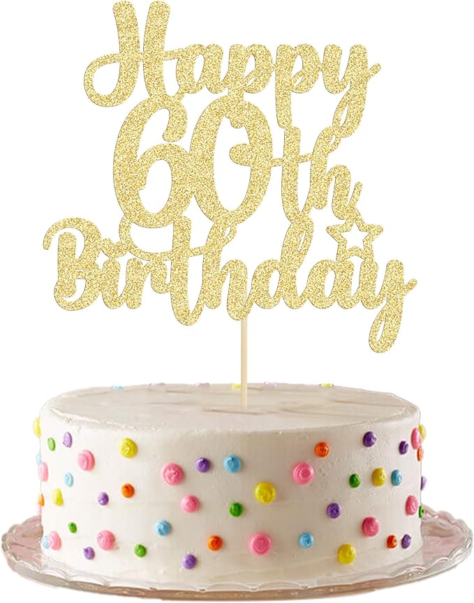 Gyufise 1Pc Happy 60th Birthday Cake Topper Glitter 60 & Cheers to 60 Years Old 60th Birthday Cake Pick for Celebrating 60th Birthday Anniversary Party Cake Decorations Supplies Gold