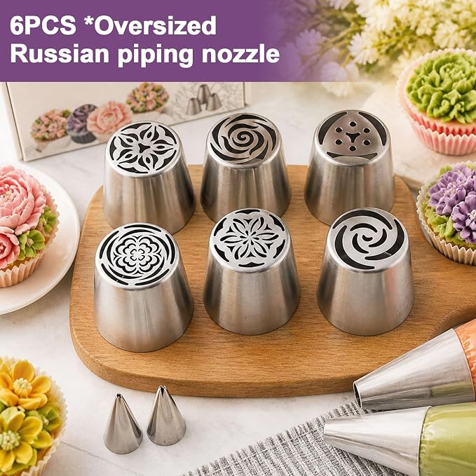Extra Large Russian Flower Piping Tips Set, Stainless Steel Piping Nozzles for Cake and Cupcake Decorating, Includes 2 Leaf Tips and Storage Box