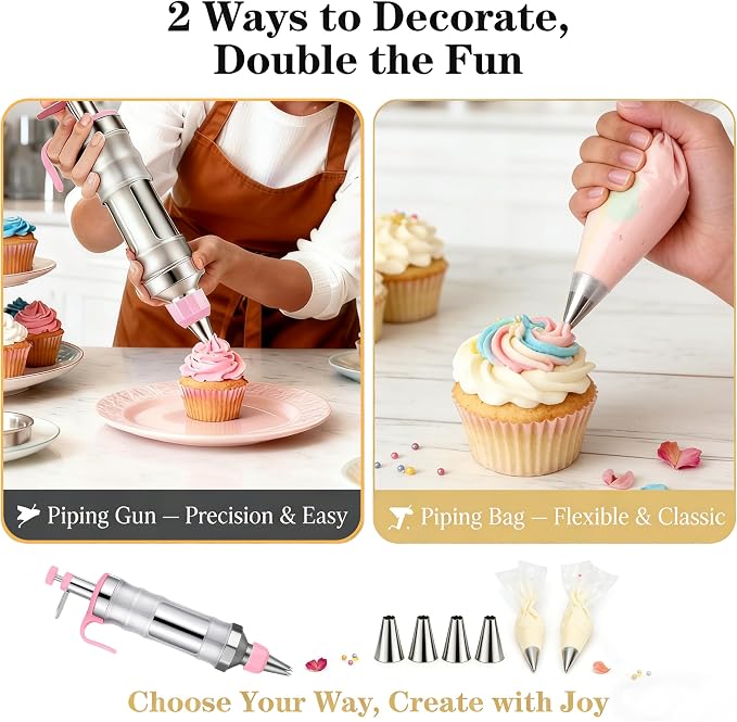 Gawren-H&E 208 PCS Cake Decorating Kit,Baking Supplies with Dessert Decorating Syringe Set,Storage Case,Icing Piping Bags and Tips Set,Frosting Fondant Bakery Set for Adults Beginners(Light Pink)