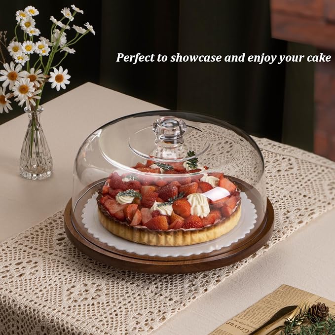 ANBOXIT Cake Stand with Dome Lid, Acacia Wood Rotating Cake Plate with Cover, Wooden Cake Display Stand with Acrylic Dome - Rotatable
