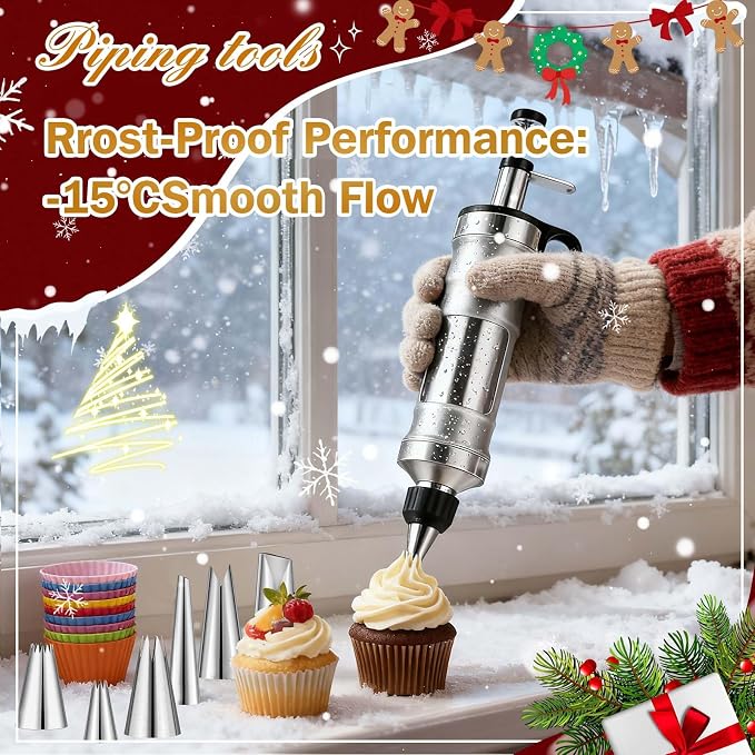 Dessert Decorating Syringe Set, Frosting Piping Kit, Stainless Steels Icing Piping Kit, Cake Decorating Tools 6 Russian Piping Icing Nozzles Cupcake Piping Kit Christmas Baking Gifts