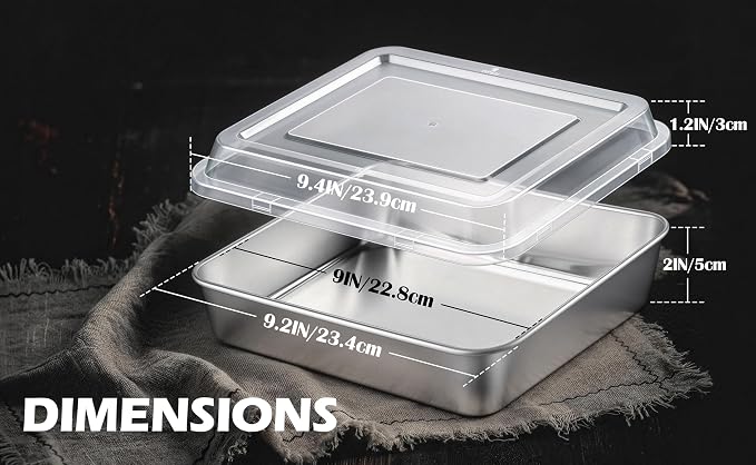 Leonyo Stainless Steel 9x9 Baking Pan with Lids, 4 Set 9IN x 9IN Metal Square Cake Pans with Lids, Commercial Brownie Pans Baking Dish for Lemon Bars, Dishwasher Safe(Except for Plastic Lids)