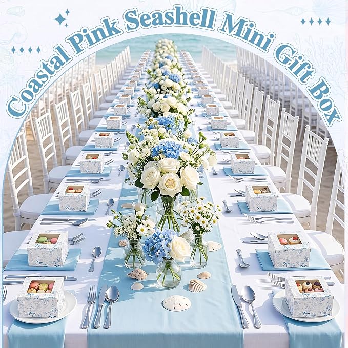 50 Pack Blue Seashell Cookie Boxes with Window, Blue Bow Coastal Nautical Treat Boxes for Beach Wedding, Baby Boy Shower & Under the Sea Party Bakery Favors for Cookies & Macarons