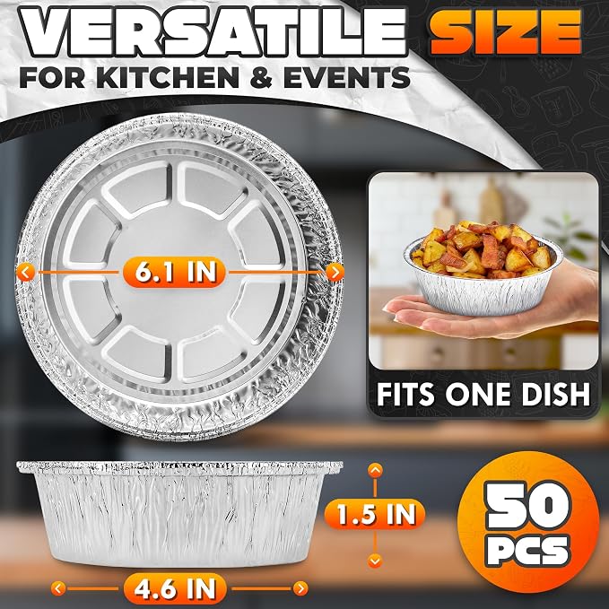 Round Foil Cake Pans – 50 Pack 6" Reusable Aluminum Baking Pans | Stackable, Grease-Resistant for 4th of July Holiday Baking, Tarts, Cheesecakes, Freezer & Storage Use | Great Gift for Bakers & Chefs