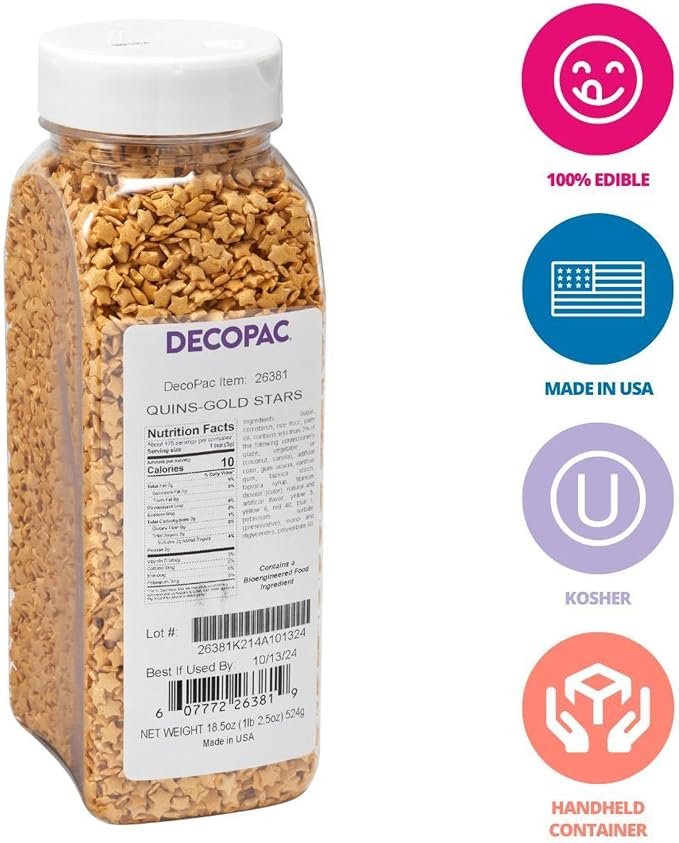 DecoPac Gold Stars Quins, Edible Cupcake Sprinkles, Sugar Cake Decorations - 18.5 ounce