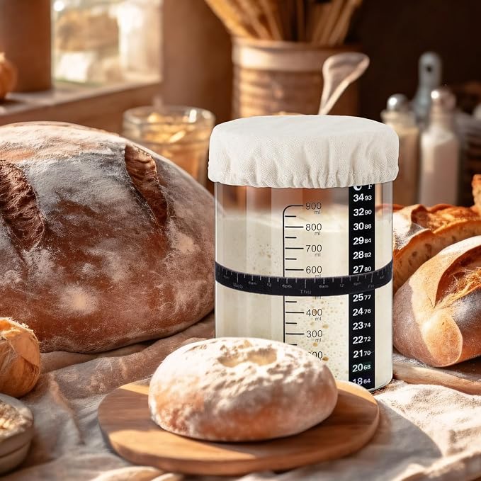 Yungyan 2 Sets Sourdough Starter Jar 34 oz Sourdough Starter Kit with Thermometer, Scraper, Cloth Cover and Bamboo Lid Wide Mouth Sour Dough Jar Container Bread Kit